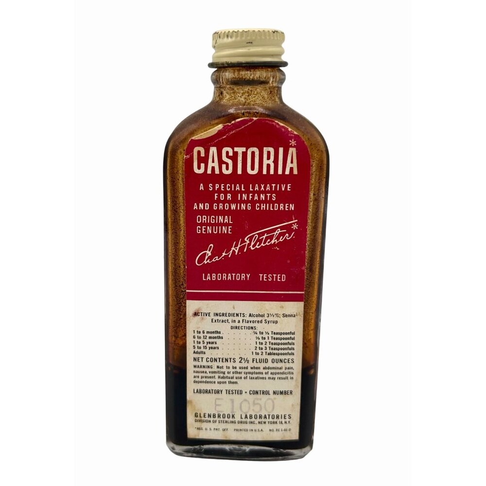 VINTAGE CASTORIA LAXATIVE GLASS BOTTLE BY CHAS H FLETCHER APOTHECARY COLLECTIBLE